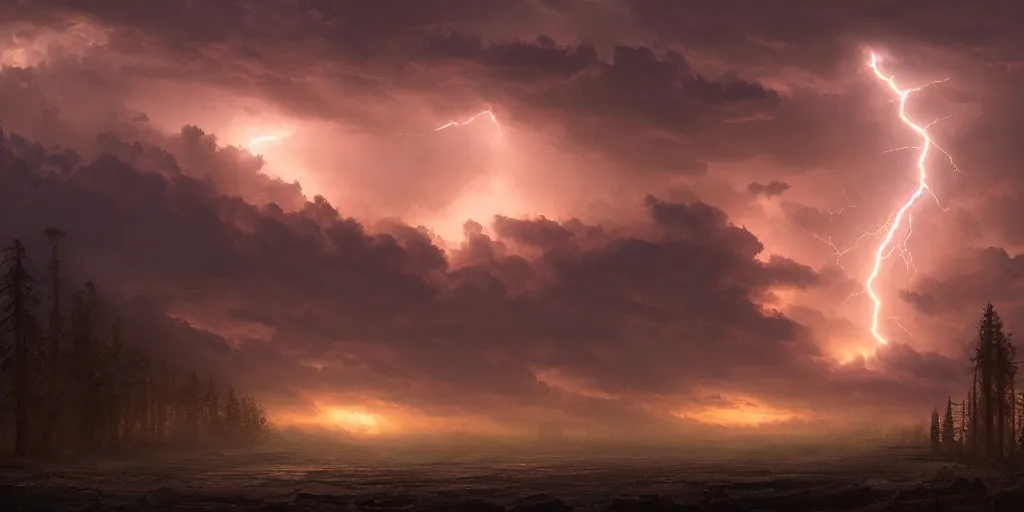 Prompt: lightning strikes at dawn, by Andreas Rocha + Ted Nasmith, dark, cinematic lighting, masterpiece, highly detailed, 8k resolution, trending on art station