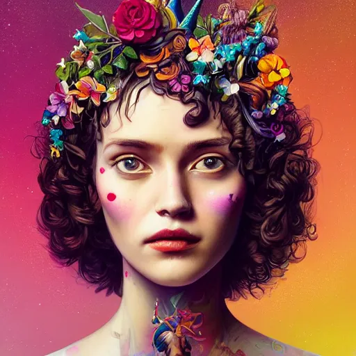 Image similar to Lofi biopunk portrait beautiful woman with short brown curly hair, roman face, unicorn, rainbow, floral, Pixar style, Tristan Eaton, Stanley Artgerm, Tom Bagshaw