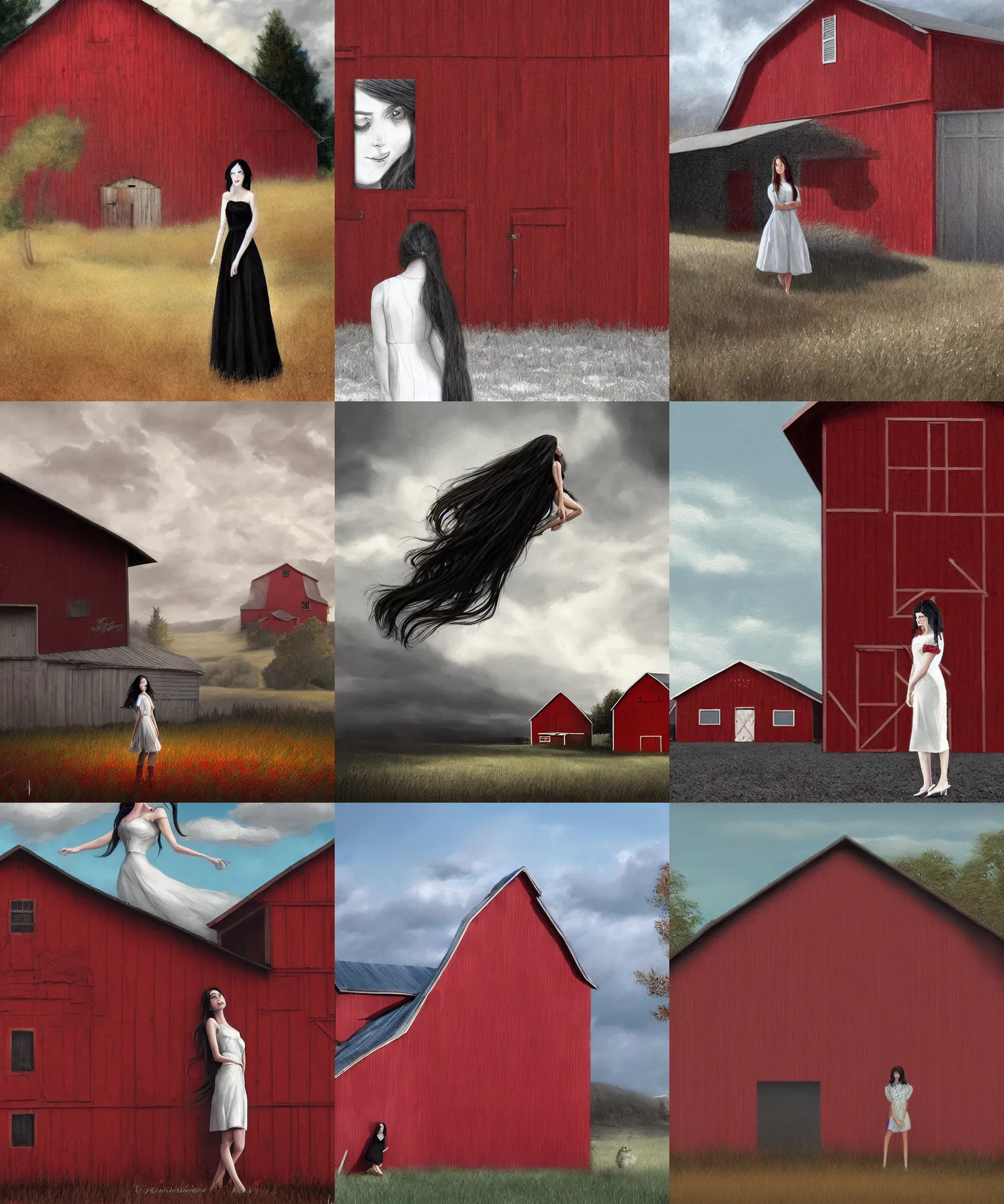 Prompt: hyper realistic detailed digital painting of a young woman in the shadow! of a red barn!. black hair, white dress, sharp focus, art by eddie mendoza, wide angle.