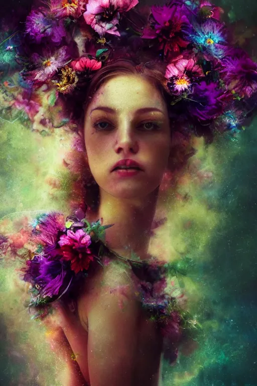 Prompt: closeup, woman with flowers in her hair, a colorized photo by Ryohei Hase, trending on cgsociety, psychedelic art, made of flowers, photo taken with provia, multiple exposure