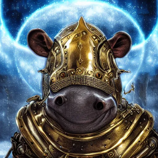 Prompt: fantasy art 4 k photo of hippos in very detailed shiny plate armor engraved in gold ready for battle in a blizzard