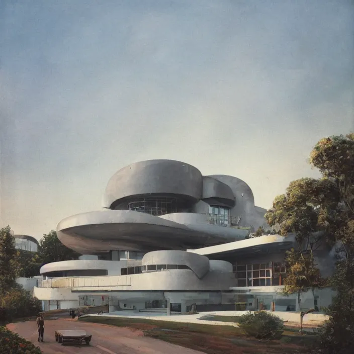 Image similar to a building in a serene landscape, retrofuturism