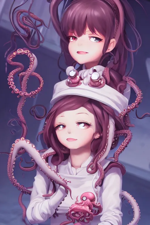 Prompt: a cute android maid girl cooking angry octopus, tentacles all over, character art portrait, anime key visual, official media, illustrated by wlop, extremely detailed, 8 k, trending on artstation, cinematic lighting, beautiful,