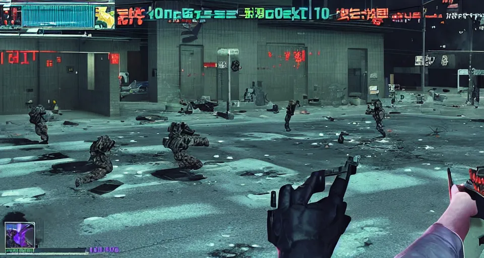 Prompt: 1989 Video Game Screenshot of Neo-tokyo Cyborg bank robbers vs police FPS, Set in Tokyo Bank Parking Lot, Dark, Multiplayer set-piece Ambush, Tactical Squads :10, Police officers under heavy fire, Suppressive fire, Pinned down, Destructible Environments, Gunshots, Headshot, Bullet Holes and Anime Blood Splatter, :10 Gas Grenades, Riot Shields, MP5, AK45, MP7, P90, Chaos, Anime Machine Gun Fire, Gunplay, Shootout, :14 FLCL + Akira, Cel-Shaded:17, Created by Katsuhiro Otomo + Arc System Works + miHoYo: 20