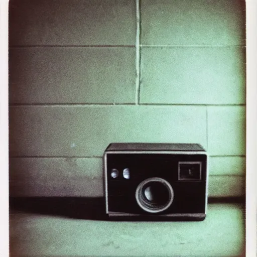 Image similar to dark concrete room with a tv on the ground, the tv has a face obscured by static on a dark background, creepy, eerie, old polaroid, expired film,