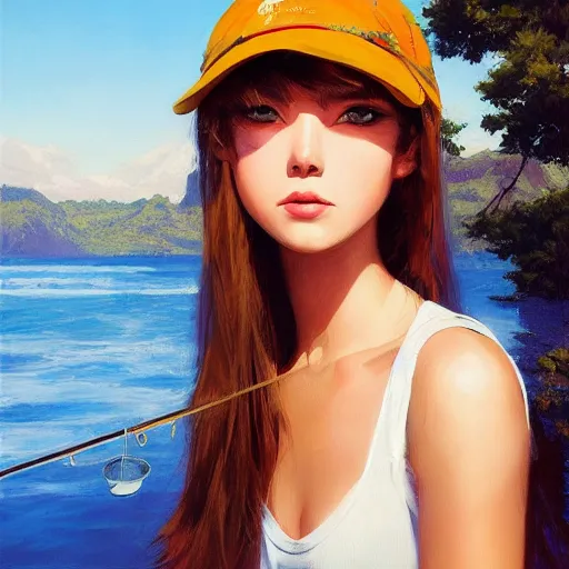 Image similar to oil painting by ilya kuvshinov,, baugh casey, artgerm craig mullins, coby whitmore, of a youthful anime girl, long hair, fishing and wearing fisherman's outfit, fisherman's hat, highly detailed, breathtaking face, studio photography, noon, intense bounced light, water reflection, large tree casting shadow, serine intense sunlight