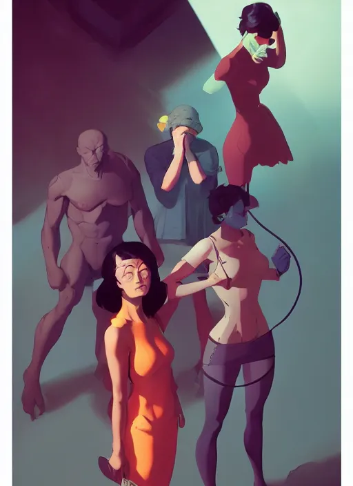 Prompt: a group of depressed people denying life, in the style of artgerm, gerald brom, atey ghailan and mike mignola, vibrant colors and hard shadows and strong rim light, plain background, comic cover art, trending on artstation