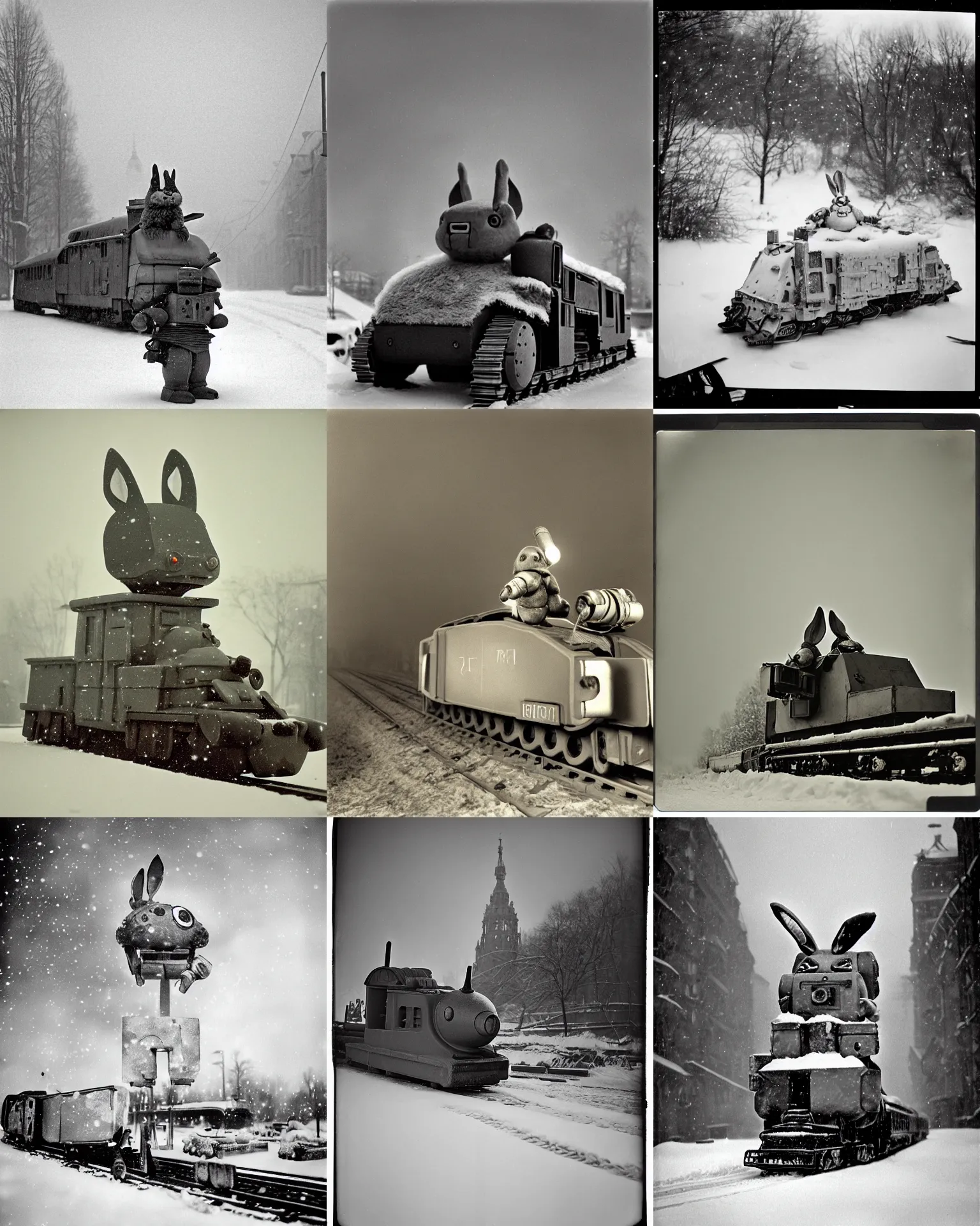 Prompt: giant oversized chubby bulky armored train rabbit robot mech, with big rabbit ears, rocket launcher , winter snow 1939 year berlin , Cinematic focus, ow angle 200mm Polaroid photo, vintage, neutral colors, soft lights, foggy, panorama by by Serov Valentin, by lisa yuskavage, by Andrei Tarkovsky