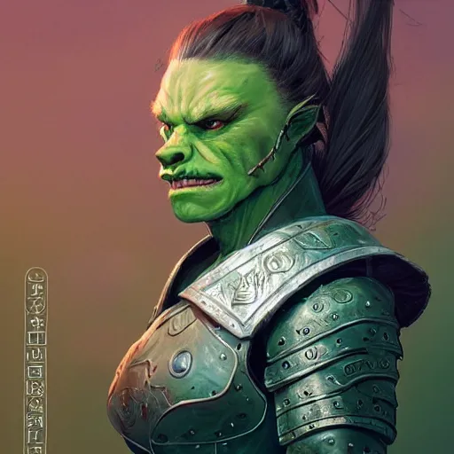 Prompt: a full bodied character portrait of a green orc warrior woman in full plate armor bald with a ponytail, by greg rutkowski, wlop, astri lohne, wei wang, laurie greasley, victo ngai, trending on artstation