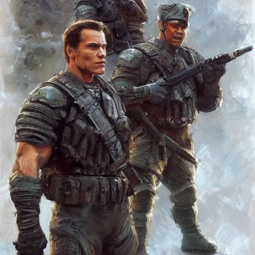Image similar to Henry Cavill and Arnold Schwarzenegger as soldiers, character art by Donato Giancola, Craig Mullins, digital art, trending on artstation