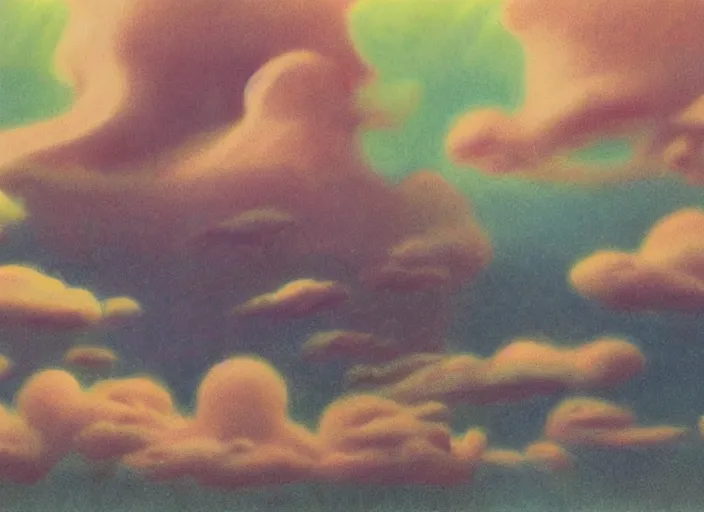 Image similar to floating islands, idyllic, menacing, nebulous clouds, thundrous hellish floating crumbling islands particulate and shivering cold of the apocalypse, hyperfluorescent saturated pastel pleasing - palette matte painting matte painting from fantasia ( 1 9 4 1 )