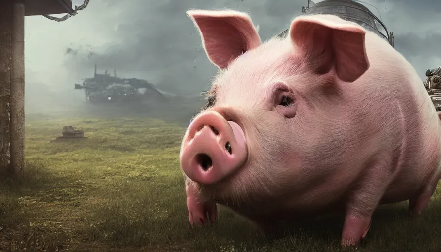 Image similar to hybrid of a happy pig and sad tank, beautiful detailed face, ultra realistic, concept art, intricate details, serious, highly detailed, photorealistic, octane render, 8 k, unreal engine.