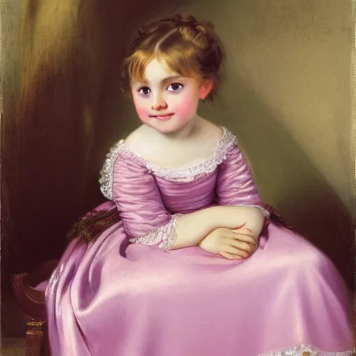 Image similar to portrait of a german toddler princess sitting down in a silk lavender gown, circa 1 8 3 7, by carl joseph begas, highly detailed, beautiful, oil on canvas, 1 8 3 0 s, romanticism