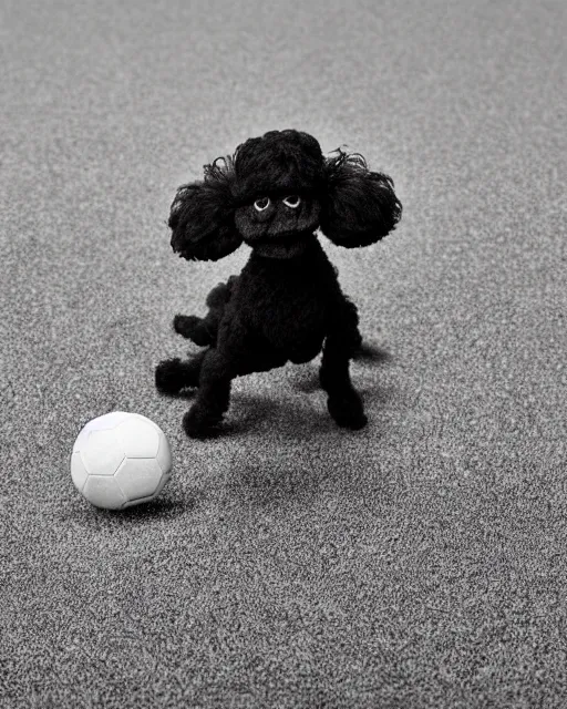 Image similar to a black poodle dog as a muppet playing soccer. highly detailed felt. hyper real photo. 4 k.