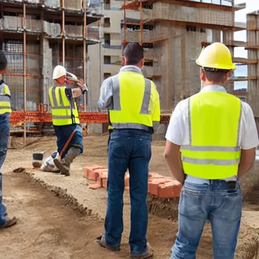 Prompt: many builders inspecting and discussing something