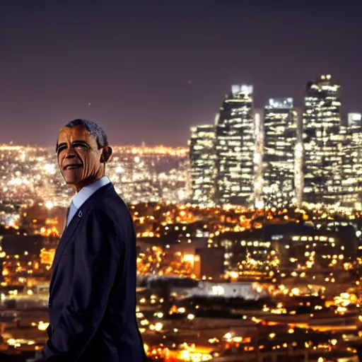 Image similar to a still of Barak Obama. Shallow depth of field. City at night in background, lights, colors ,studio lighting, mood, 4K. Profession photography