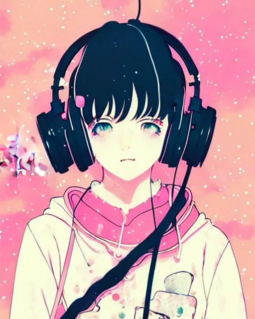 Image similar to girl wearing headphones, city background, very anime!!! anime!! intricate details, aesthetically pleasing pastel colors, poster background, art by conrad roset and ilya kuvshinov