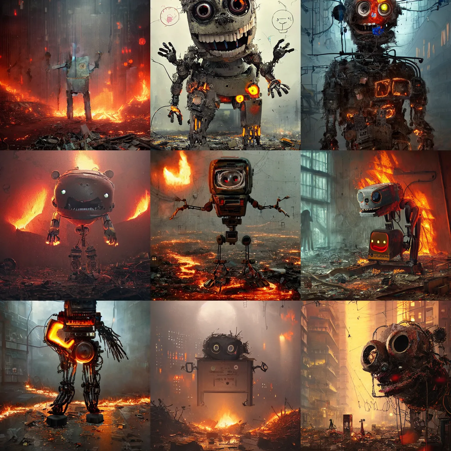 Prompt: an animatronic made of rubbish with a creepy happy face, lost look, sparks, destroyed city on fire, broken wires, depth of field, robotic limbs on floor, by Greg Rutkowski