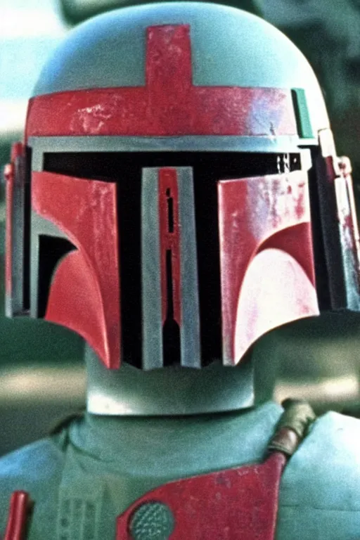 Image similar to boba fett helmet slashed open partially exposed face scowling. screenshot from 1977 Star Wars