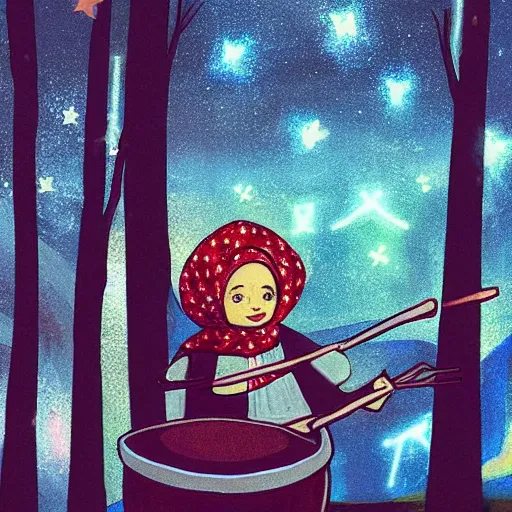 Prompt: a babushka playing drums and in a forest with stars in the sky over her head