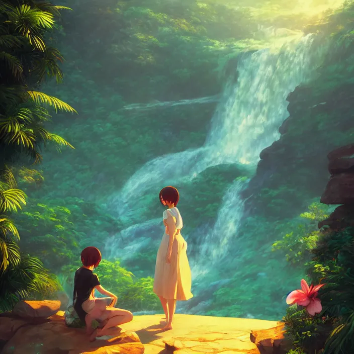 Image similar to an epic makoto shinkai and renoir landscape with a hawaiian waterfall, golden hour, 🌺, ultra smooth, octane render, lois van baarle, ilya kuvshinov