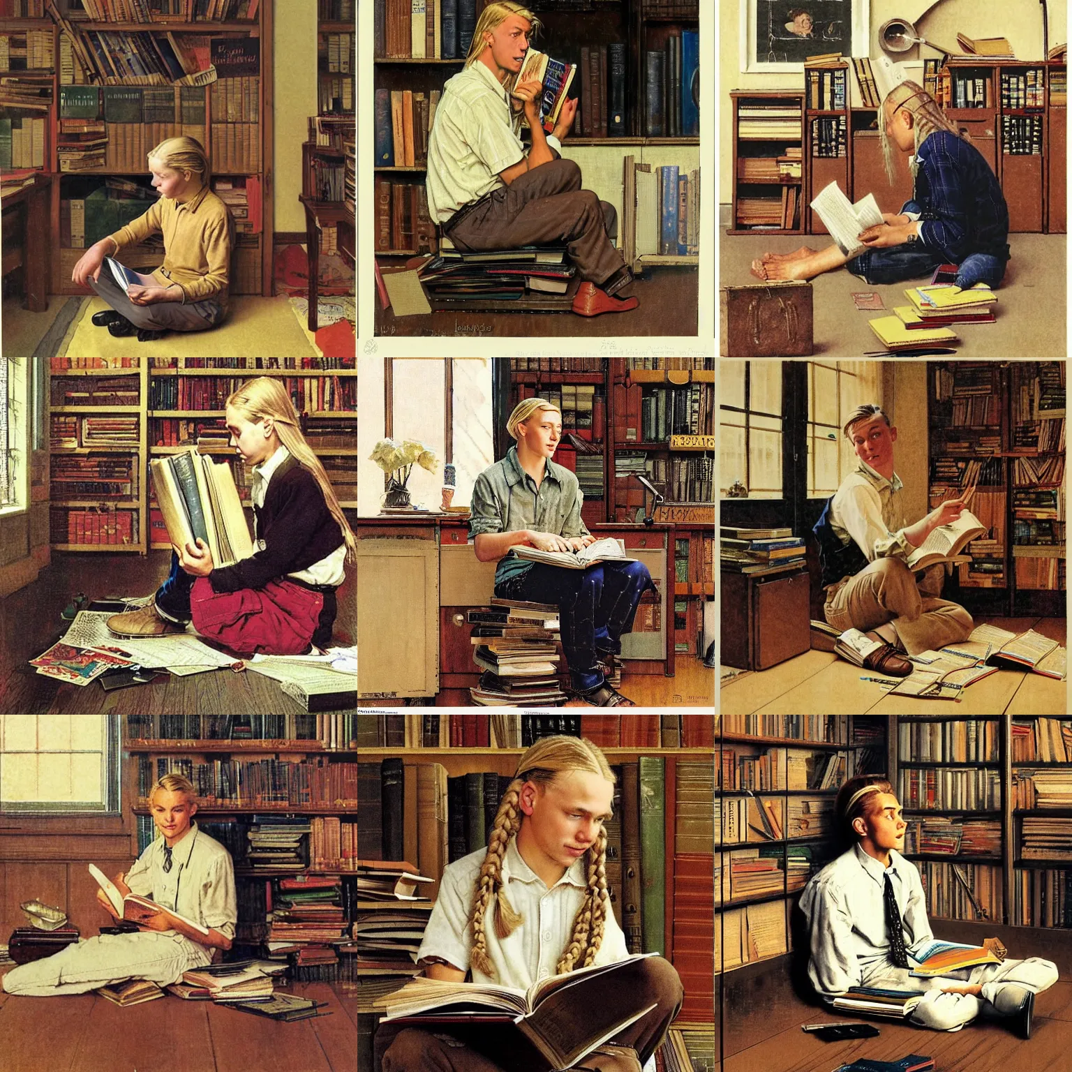 Prompt: A handsome young man with long blond braids sitting on the floor, surrounded by open books, and trying to study , by Norman Rockwell