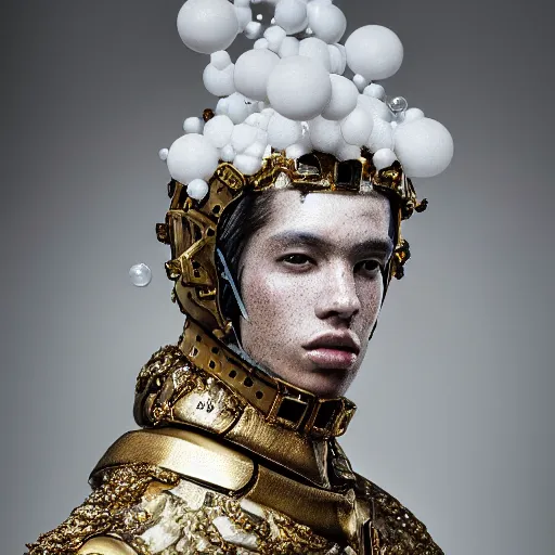 Prompt: a portrait of a beautiful young male wearing an alexander mcqueen armor made of soap bubbles , photographed by andrew thomas huang, artistic