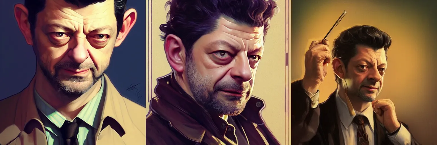 Prompt: portrait of Andy Serkis as a detective, highly detailed, digital painting, artstation, concept art, sharp focus, illustration, art by artgerm and greg rutkowski and alphonse mucha