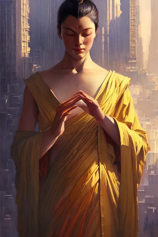 Prompt: city, buddhism, taoism, painting by greg rutkowski, j. c. leyendecker, artgerm