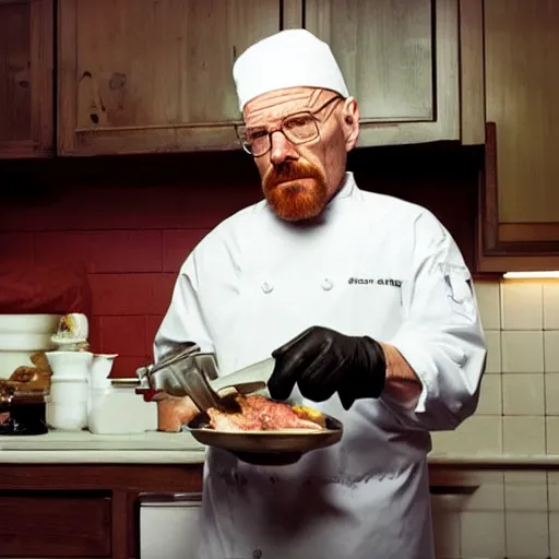 Prompt: walter white cooks a steak, a steak