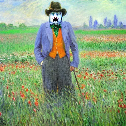 Prompt: Monet painting of Joker in a field of flowers,