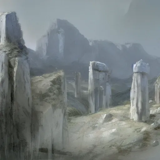 Prompt: concept art by craig mullins of a small, white marble cliff in a meditereanian landscape, with stone henge on top