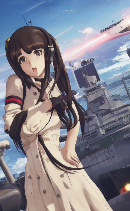 Image similar to anime style, gta 5, panoramic view of shipgirl, searchlights in background, sailor clothing, short hair, hair down, symmetrical facial features, from arknights, hyper realistic, 4 k, extreme detail, detailed drawing, trending artstation, hd, d & d, realistic lighting, by alphonse mucha, greg rutkowski, sharp focus, backlit