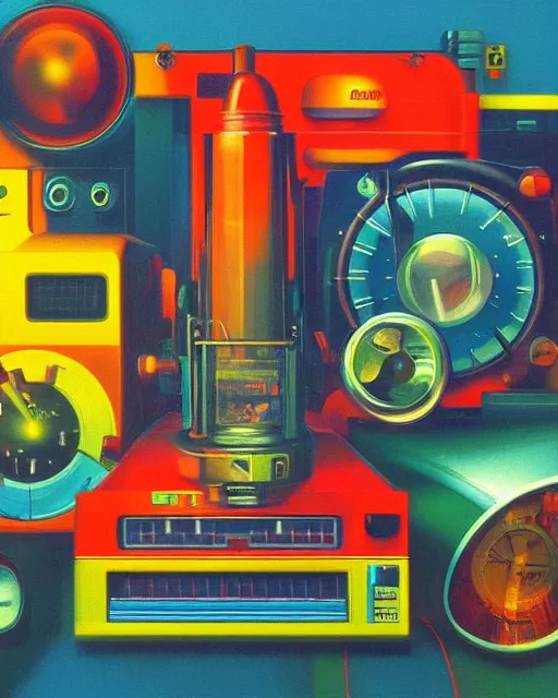 Image similar to retro technology, 9 0 s colors and shapes, wayne barlow, oil on canvas, deep depth of field, masterpiece, cinematic composition, hyperdetailed