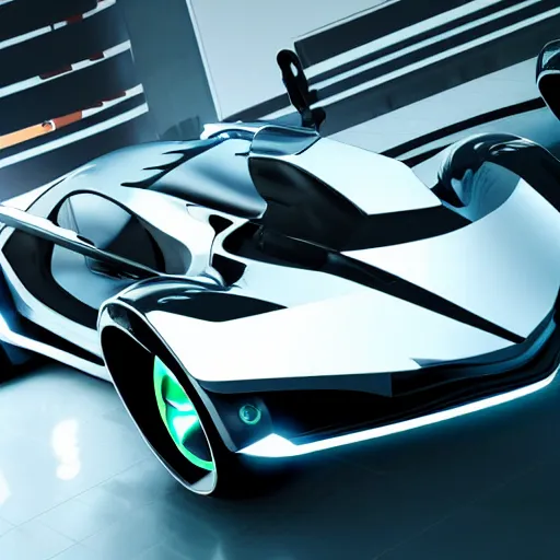 Image similar to cyberpunk concept inspired sports car, futuristic look, highly detailed, photorealistic camera shot, bright studio setting, studio lighting, crisp quality and light reflections, unreal engine 5 quality render