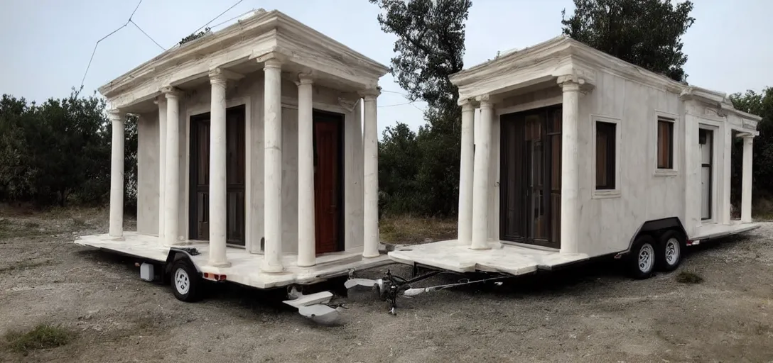 Image similar to greek tiny house made of marble with columns on trailer designed by iktinos and callicrates.