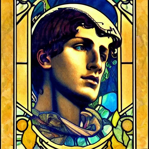 Image similar to a dramatic ethereal epic symmetrical painting of a handsome augustus caesar | tarot card, art deco, art nouveau, steampunk, realistic | by louis comfort tiffany and alphonse mucha | trending on artstation
