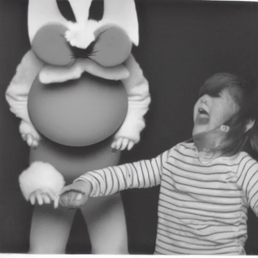 Image similar to candid 1988 polaroid photo of a terrifying easter bunny upsetting a child