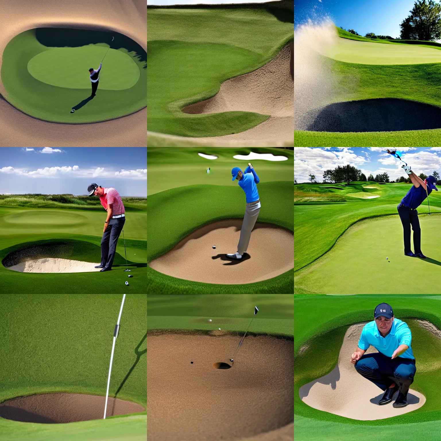 Prompt: a perfect bunker shot, best golfer in the world, front view, highly detailed, realistic, dlsr picture