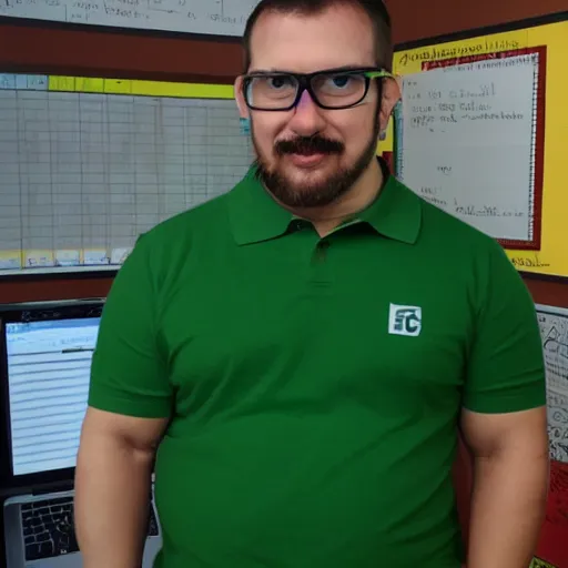 Prompt: buff math teacher wearing glasses and a green polo shirt has a goatee and fights with a chromebook, anime, epic, detailed