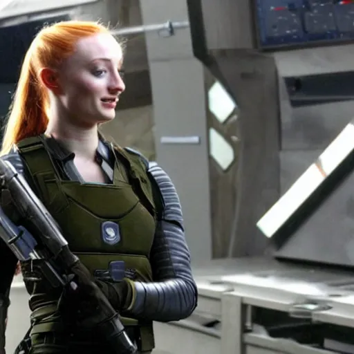 Prompt: sophie turner as starbuck from battlestar galactica 2 0 0 3, behind the scenes photo