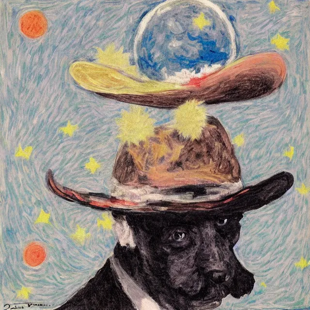 Image similar to david bowie wearing a fedora, kicking a puppy on the moon by monet