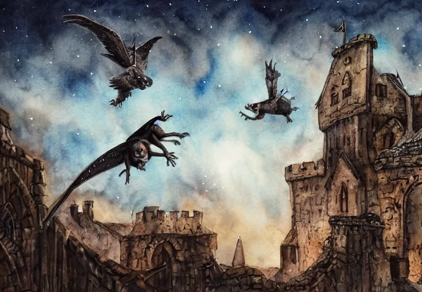 Image similar to Threatening winged possum flying over a medieval castle under a dark starred sky, dark fantasy, watercolor, dreaming illusion, highly detailed, 4k, trending on Artstation, award-winning