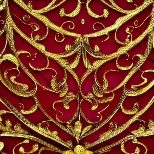 Prompt: red and gold ornamental filigree swirls, bokeh