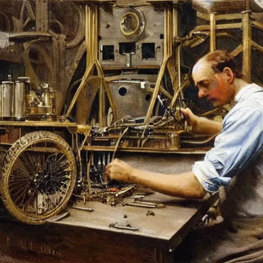 Image similar to edwardian engineer working on a complicated machine, painting by alfred stevens