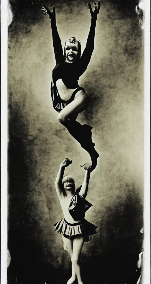 Prompt: wet plate photograph, portrait of Olivia Newton John cheerfully performing satanic occult dance rituals, Aleister Crowley illustrations on graph paper in the background, 1850