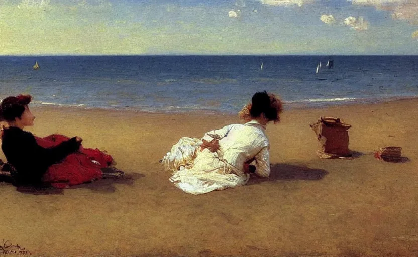 Image similar to high quality high detail painting by ilya repin, a couple sitting on a beach, hd