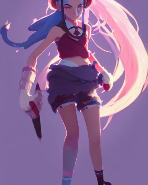 Prompt: jinx from league of legends, blue pigtails hair, detailed perfect face, exquisite details, fire magic, mid view, design on a white background, by studio muti, greg rutkowski makoto shinkai takashi takeuch studio ghibli