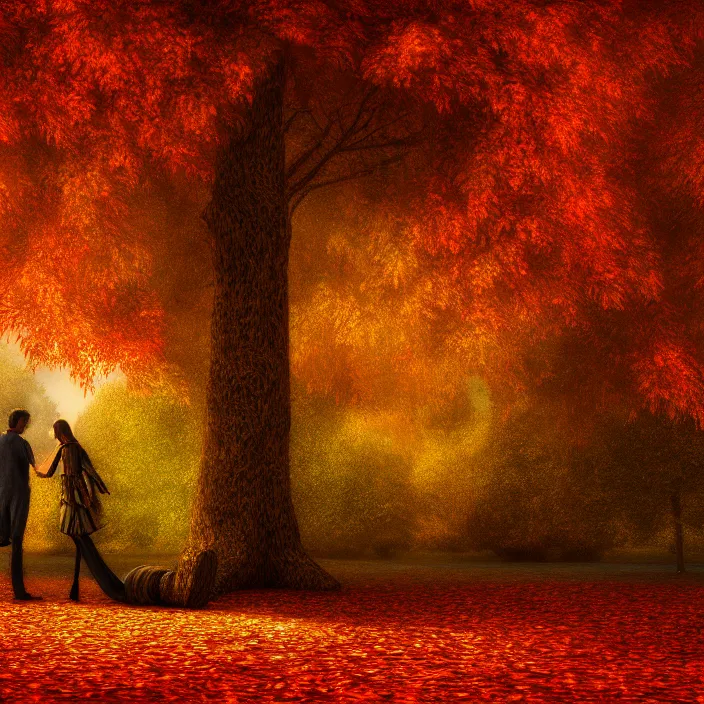 Prompt: love in autumn _ by _ salvador _ dali _ highly _ detailed _ 3 _ d _ render _ vray _ octane _ realistic _ lighting _ photo