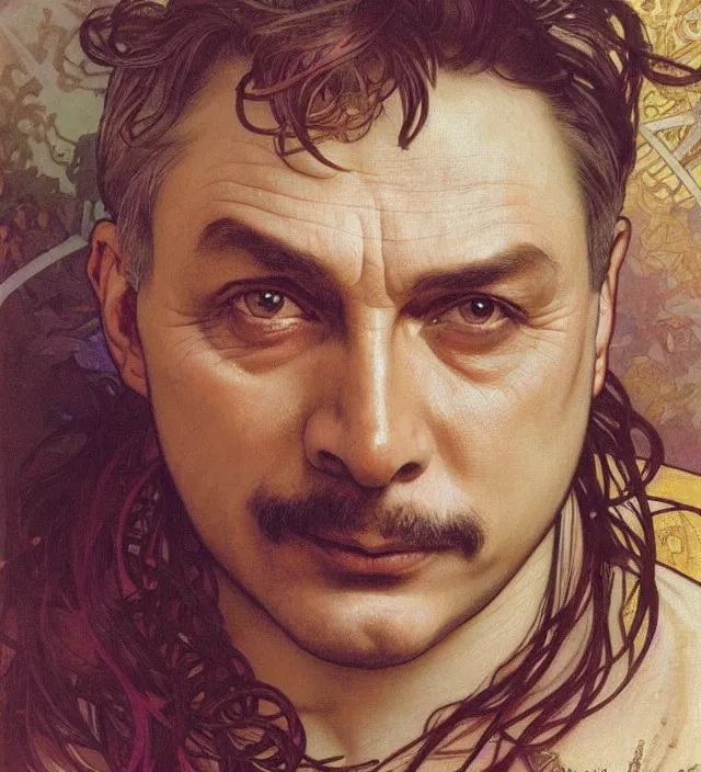 Image similar to detailed closeup portrait of viktor orban by alphonse mucha, ayami kojima, yoshitaka amano